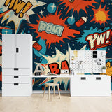 Pirate ship wallpaper bringing adventure to a modern kids bedroom with blue and gold accents