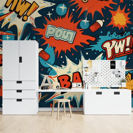 Pirate ship wallpaper bringing adventure to a modern kids bedroom with blue and gold accents
