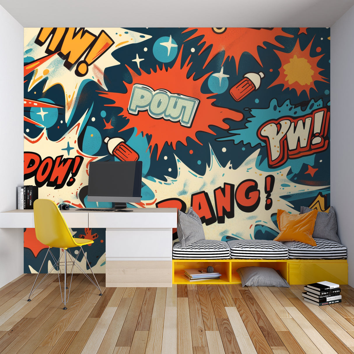 Maritime wall mural showcased in a bright nursery with wooden furniture