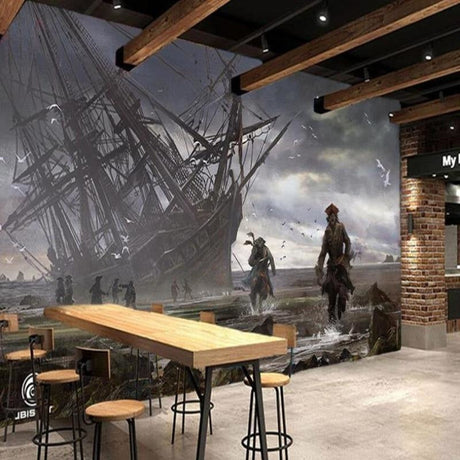 Pirate ship wallpaper creating drama in a modern living room, moody maritime scene with detailed shipwreck