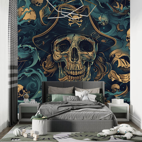 Pirate skull wallpaper in modern teen bedroom showing teal and gold color scheme