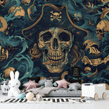 Pirate themed wallpaper bringing character to home office space