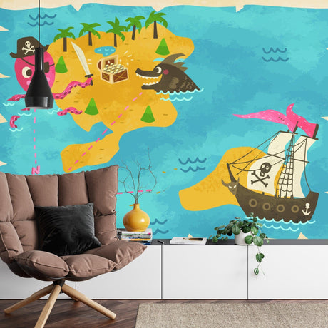Pirate treasure map wallpaper bringing adventure to a modern kids bedroom with blue and white decor