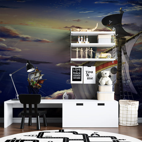 Pirate ship wallpaper mural creating adventure vibes in a cozy kids bedroom with wooden furniture