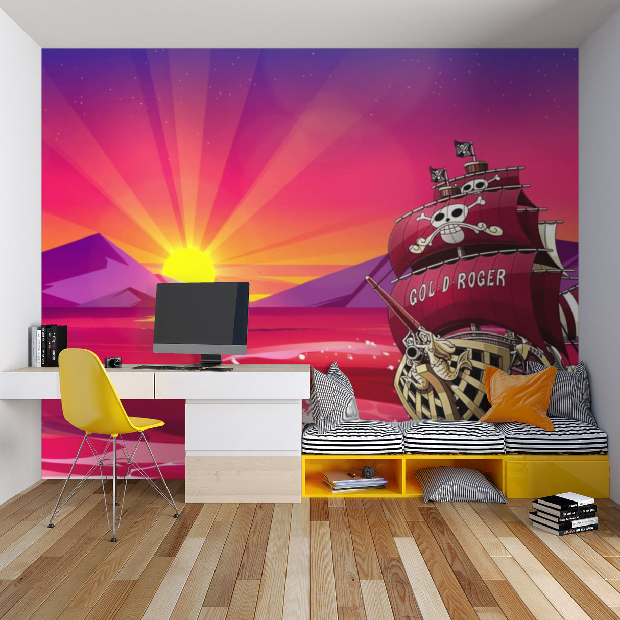 Pirate ship wallpaper transforms a kid's bedroom into an adventure zone with warm sunset colors