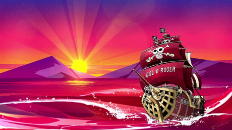 Pirate ship wallpaper design file showing detailed sunset scene with Gold Roger vessel