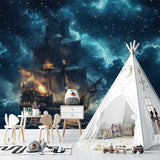 Pirate ship wallpaper creating magic in a cozy kids bedroom with soft night sky glow and starlight effects