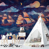 Kids room with pirate ship mural creating magical nighttime atmosphere
