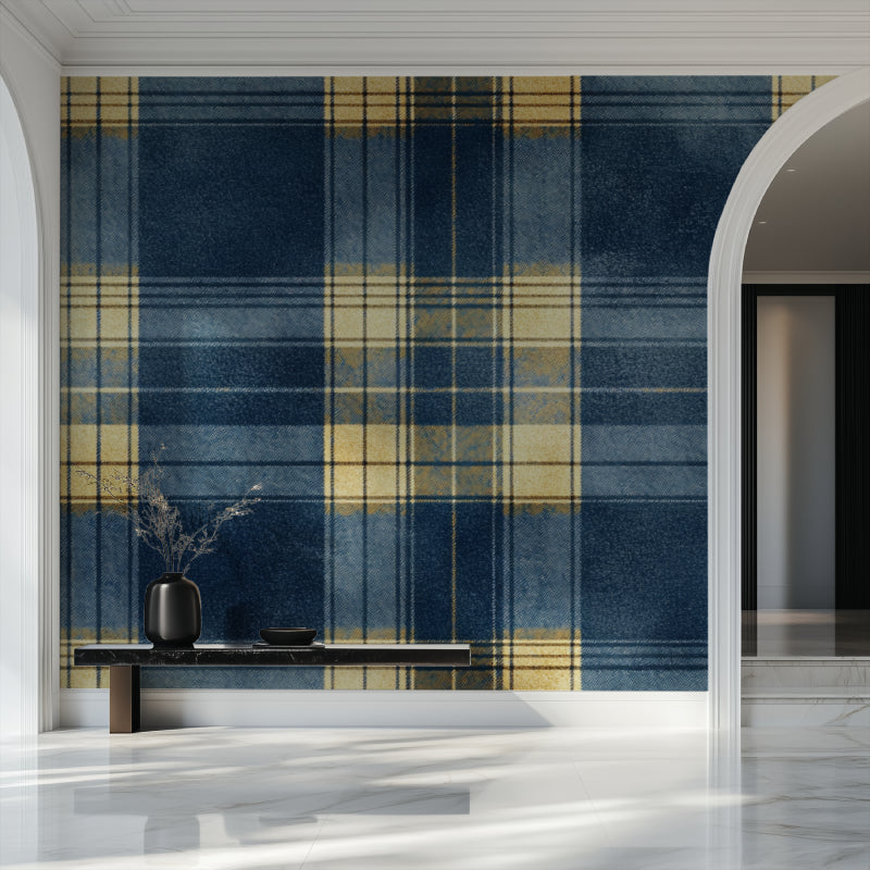Plaid wall mural showcased in a cozy reading nook with accent furniture
