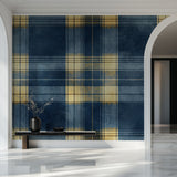Plaid wall mural showcased in a cozy reading nook with accent furniture