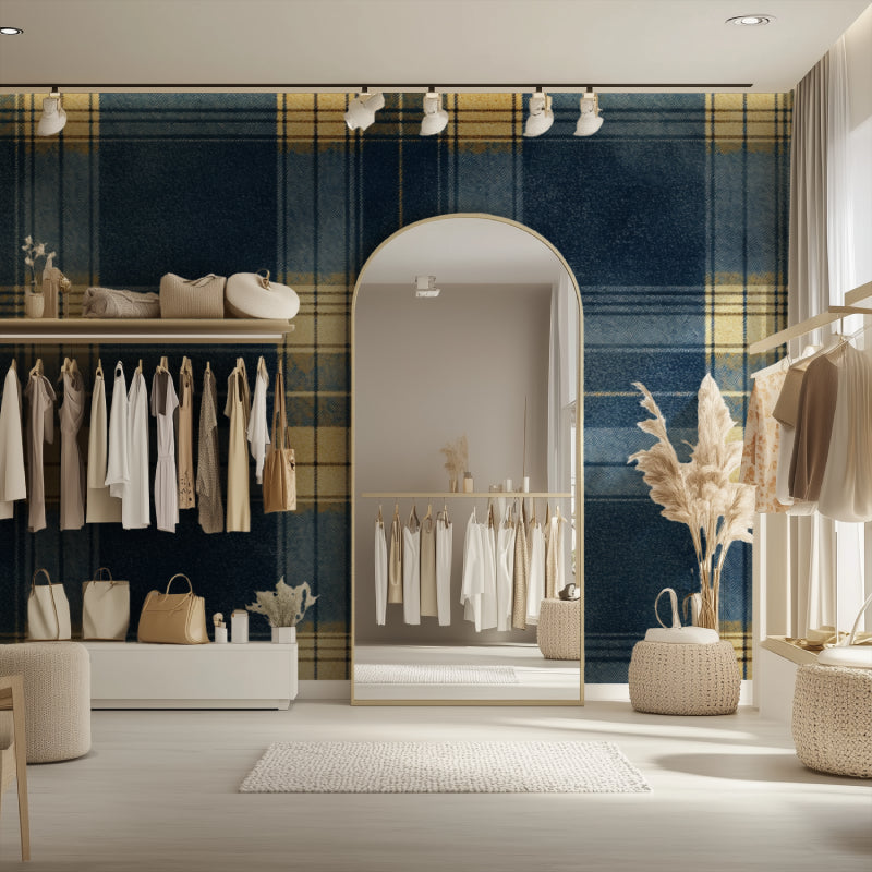 Navy and gold plaid pattern adding sophistication to a master bedroom