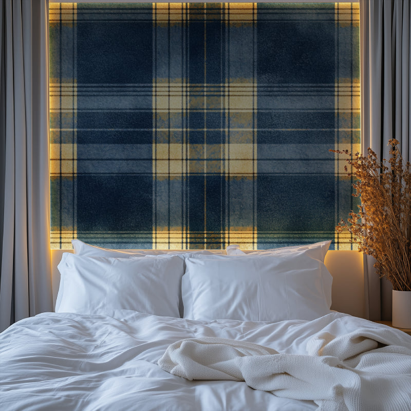 Traditional tartan wallpaper bringing warmth to a modern living room