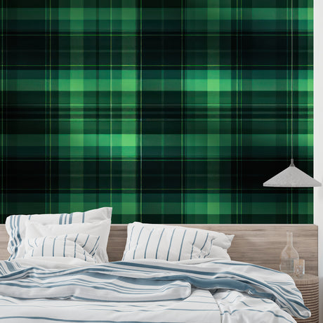 Green plaid wallpaper in a modern dining room, showing classic tartan pattern against white furniture