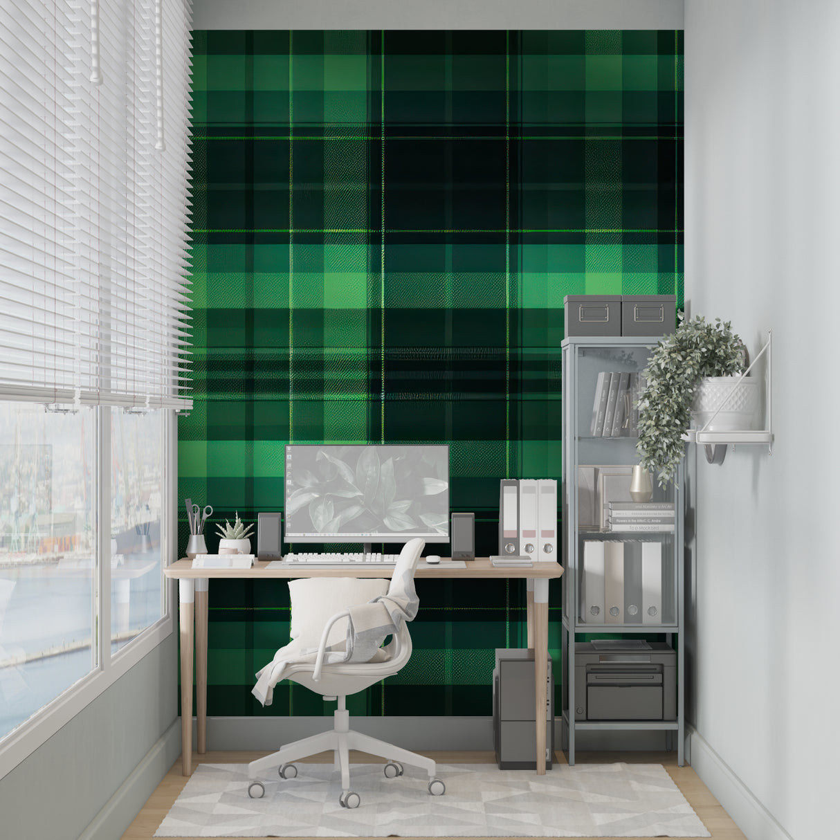 Living room showcase of plaid wallpaper pattern with modern furnishings