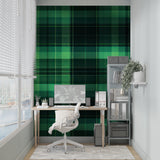 Living room showcase of plaid wallpaper pattern with modern furnishings