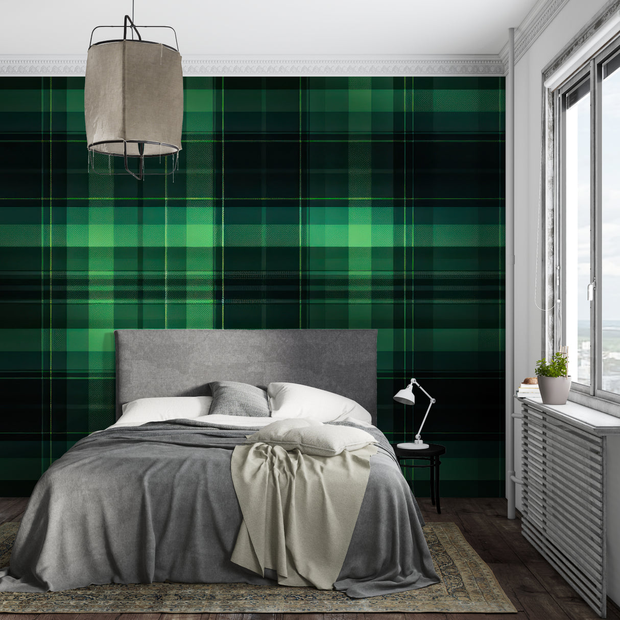 Study room with green tartan wall mural creating a sophisticated atmosphere
