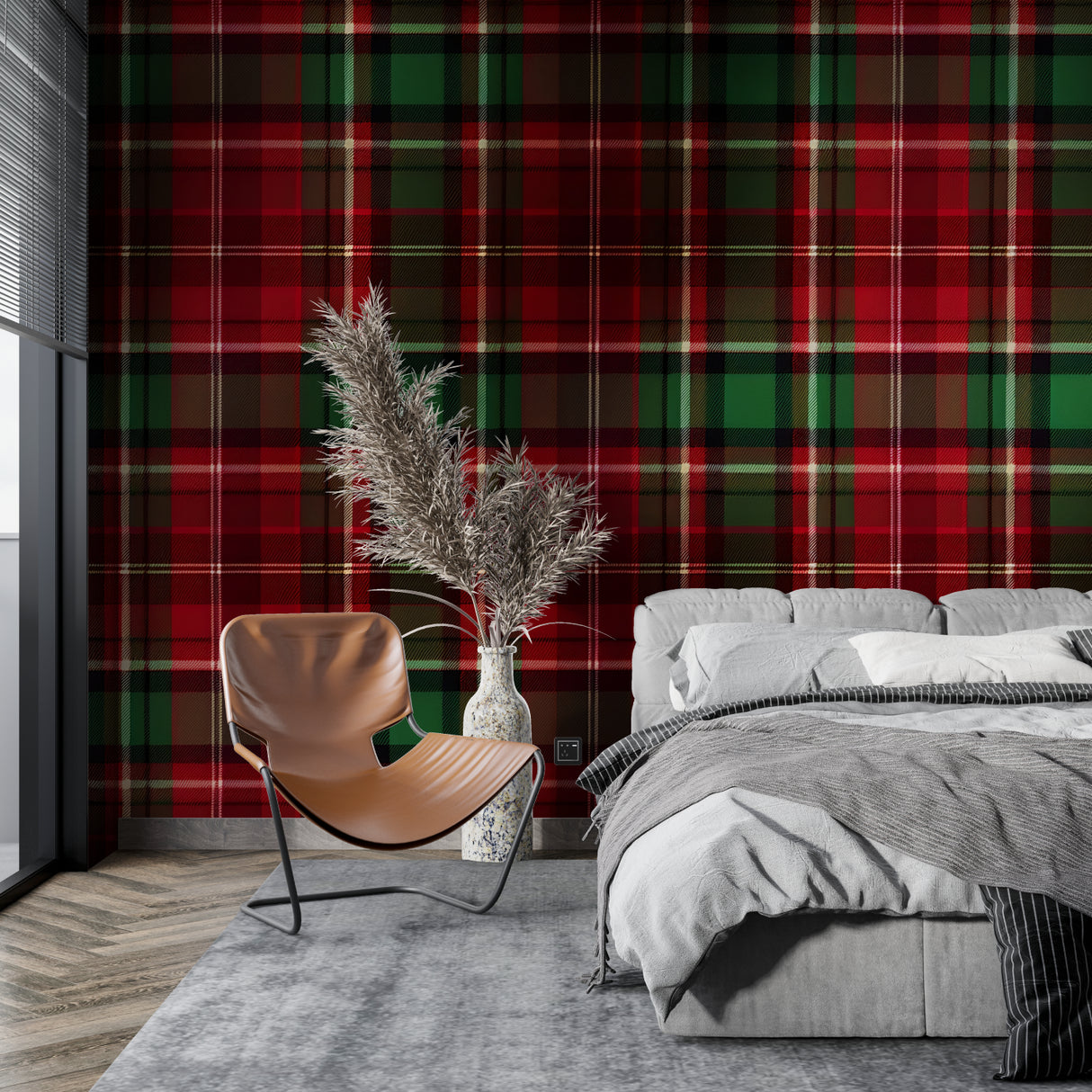 Red and green tartan wallpaper in a cozy living room setting with leather armchair