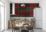 Classic plaid wallpaper featured in a modern dining room with wooden furniture