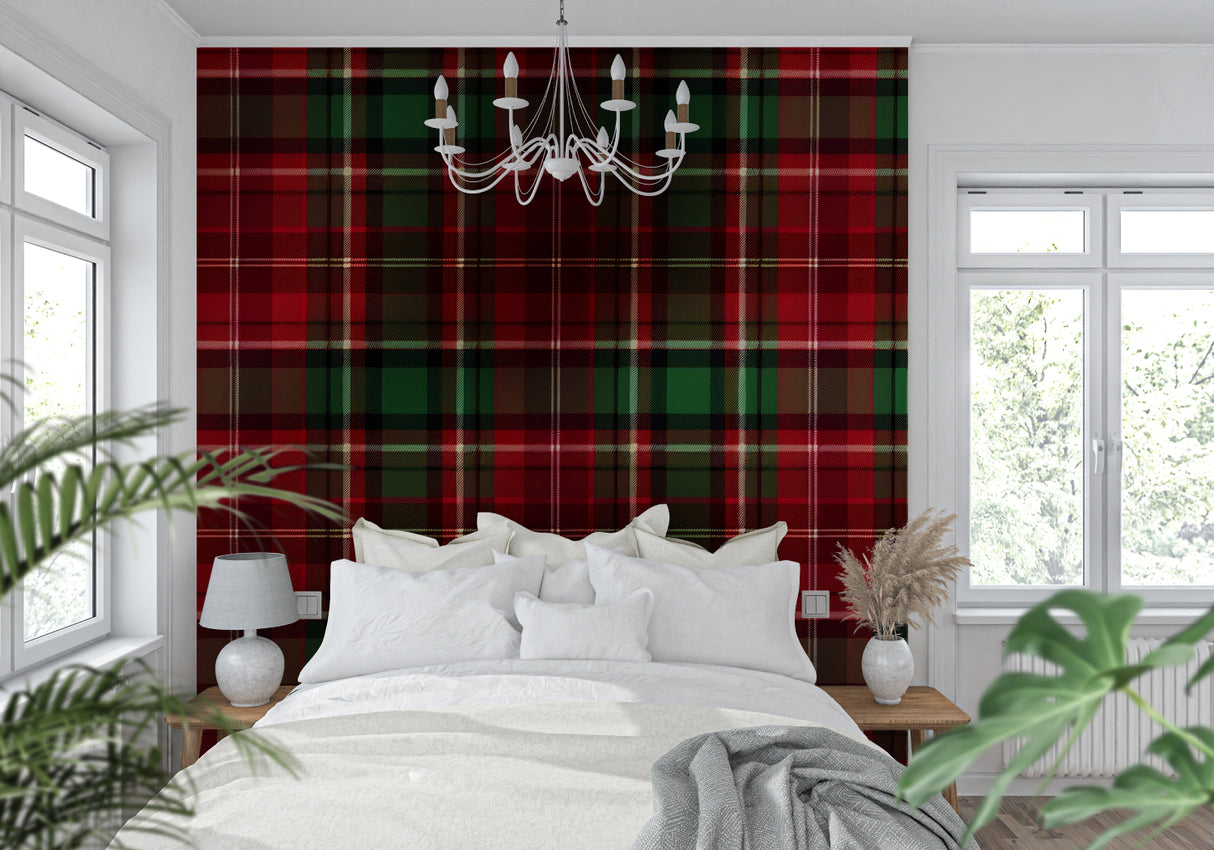Scottish tartan wallpaper in a home office with dark wood desk