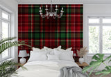 Scottish tartan wallpaper in a home office with dark wood desk