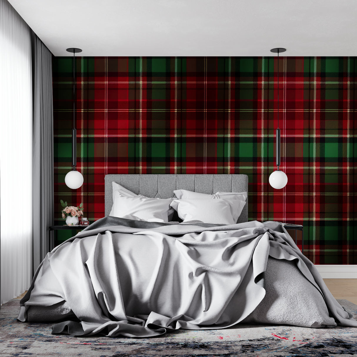 Traditional plaid wall mural in a rustic bedroom setting