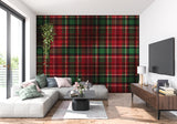 Tartan pattern wallpaper creating an accent wall in a reading nook
