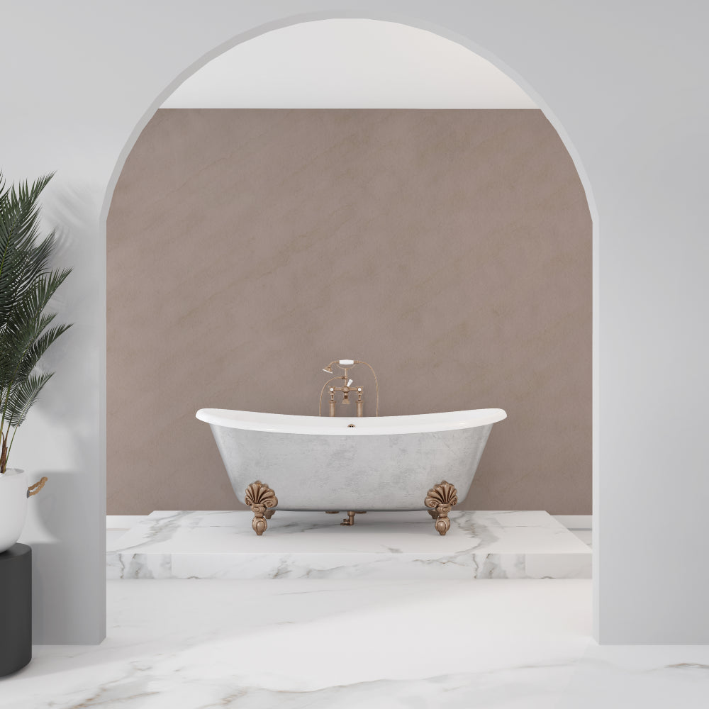 Neutral bathroom wall mural showcased in powder room with marble vanity