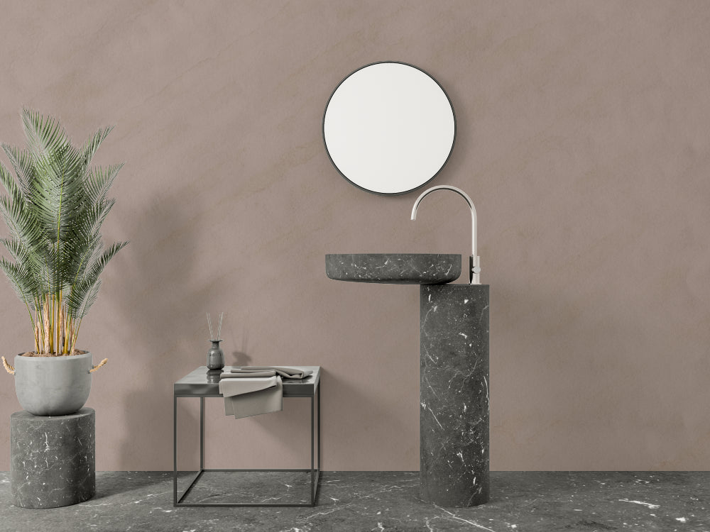Taupe wall design in spa-like ensuite bathroom with glass shower