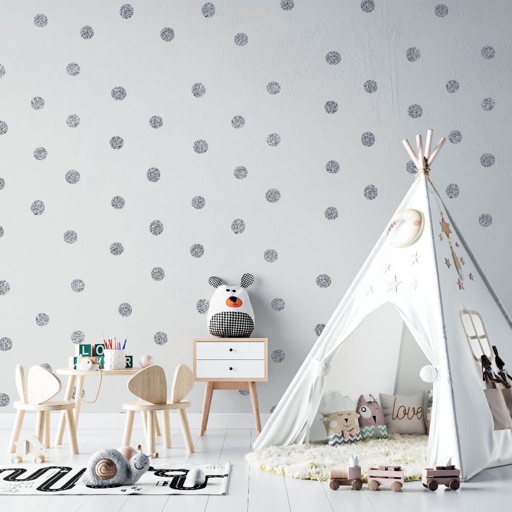 Sparkling dot pattern wallpaper brightening a cozy bedroom with morning light