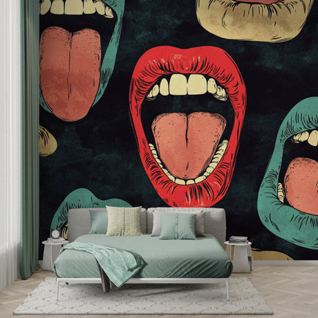 Pop art lips wallpaper creating a bold statement in a modern living room with white furniture