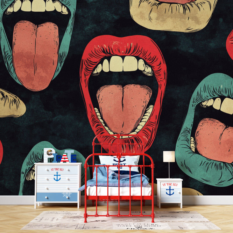 Vibrant pop art lips mural adding character to a stylish home office space