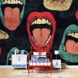 Vibrant pop art lips mural adding character to a stylish home office space