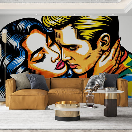 Pop art comic strip wallpaper creating bold statement in modern living room with grey sofa and minimalist decor