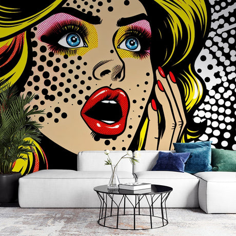 Pop art wallpaper mural bringing bold comic style to a modern living room with white furniture and natural light