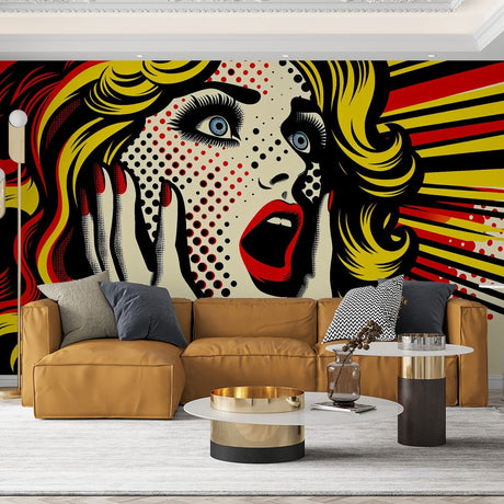 Pop art comic style wallpaper creating bold impact in modern living room with minimalist furniture
