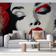 Modern Pop Art Face Wallpaper creating bold impact in a minimalist living room with black and white furniture