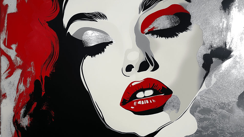 Pop Art Face Wallpaper design file showing detailed monochrome portrait with striking red lips pattern