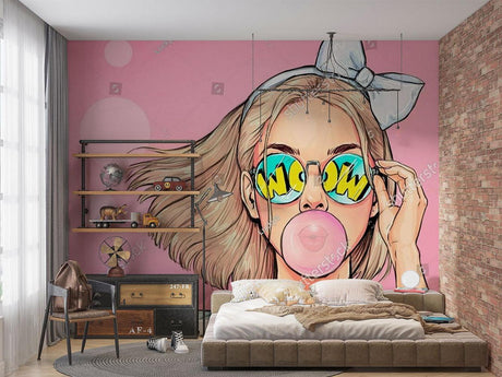Pop art wallpaper creating a bold statement in a modern living room with white furniture