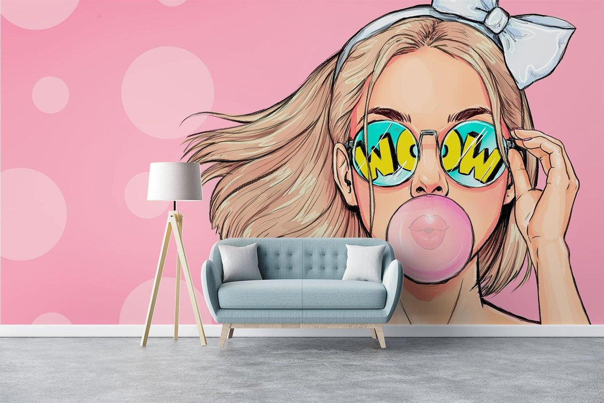 Modern girl bubble gum wallpaper featured in a creative studio space