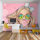 Contemporary girl portrait mural styled in a fashion boutique setting