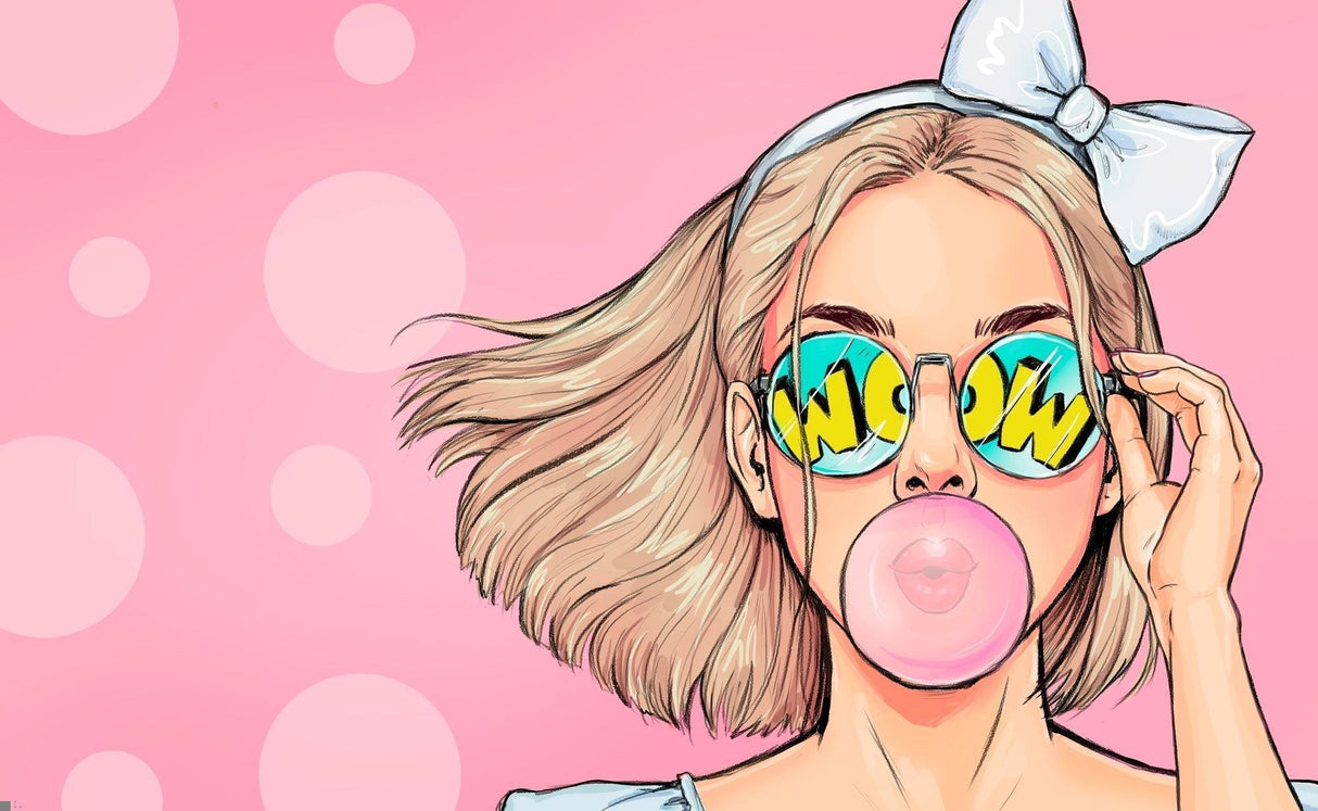 Design file showing full pop art pattern with modern girl and bubble gum illustration