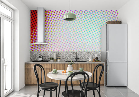 Modern Pop Art Dots Wallpaper creating a bold statement in a contemporary living room with red accent furniture