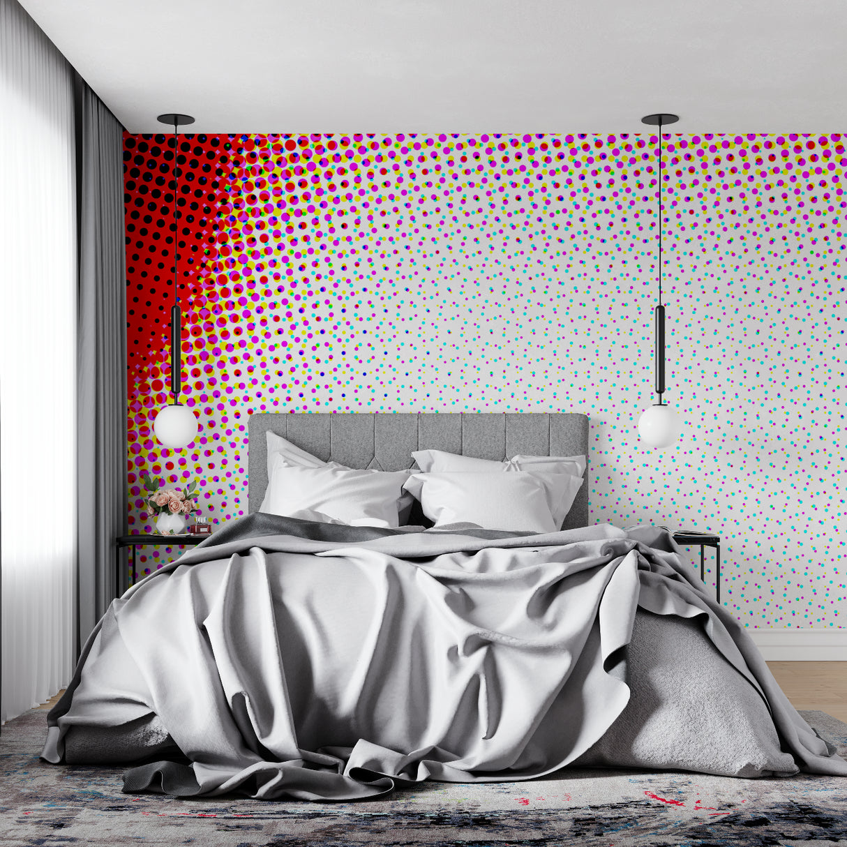 Halftone Dots Pattern Wallpaper brightening up a creative home office space with modern decor