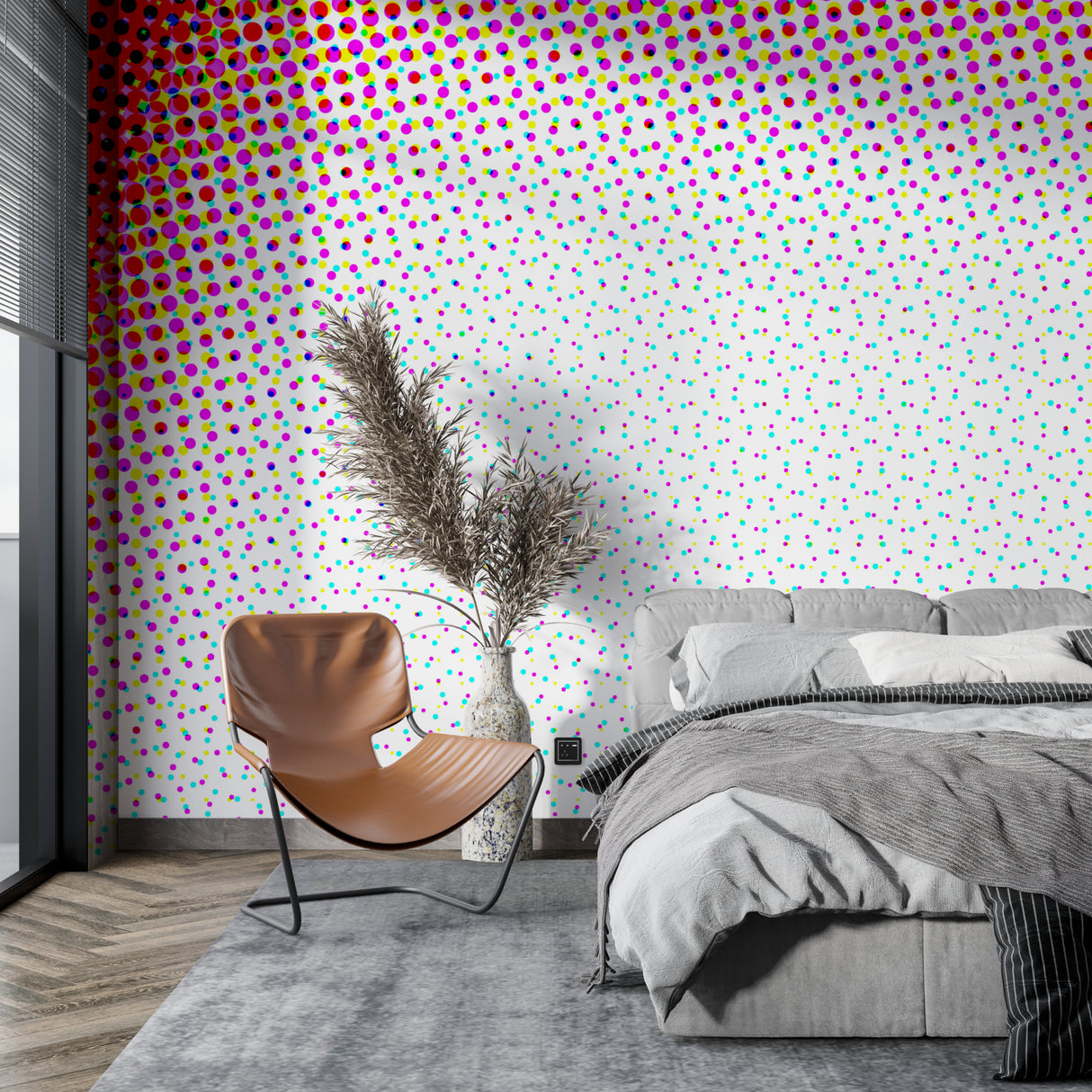 Modern Geometric Wallpaper adding energy to a minimalist bedroom with clean lines