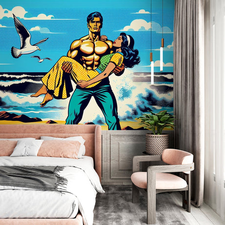 Pop art beach wallpaper creating bold statement in modern living room with white furniture and natural light