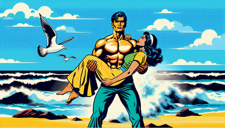 Retro comic beach romance design file showing vibrant colors and authentic halftone dot pattern