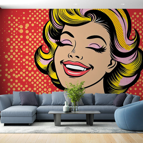 Pop art portrait wallpaper creating a bold statement in a modern living room with white furniture and minimal decor
