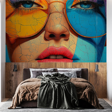 Pop art face wallpaper bringing bold color to a minimalist living room with white furniture and natural light