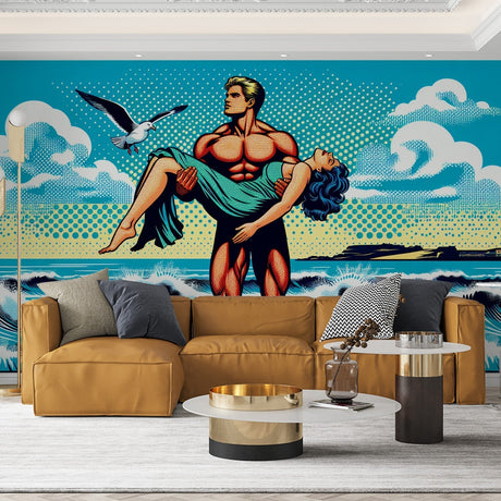 Pop art comic beach wallpaper displayed in a modern living room, showing vibrant turquoise waves and retro comic style