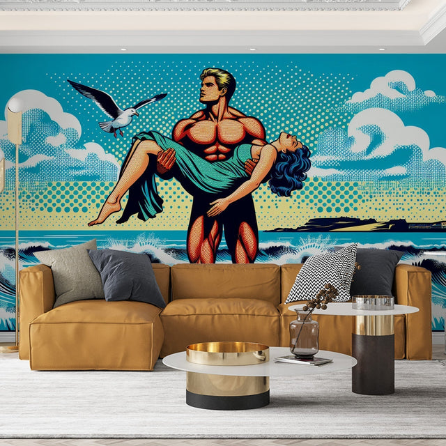 Pop art comic beach wallpaper displayed in a modern living room, showing vibrant turquoise waves and retro comic style